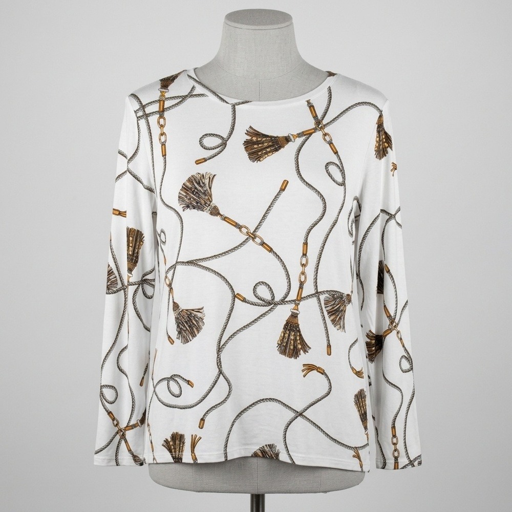 Chico's Long Sleeve Top Women Large White Rope Tassel Print Nautical Equestrian